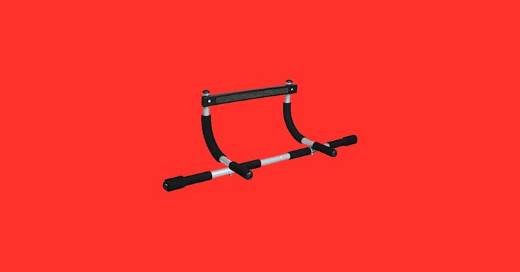 One of the best pull-up bars for home gyms, set against a red background