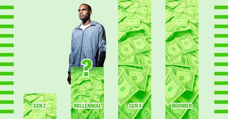 A millennial stands on a green graph denoting median net worth by age
