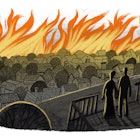 An illustration by Jonathan Muroya depicts two people holding hands while the world is on fire