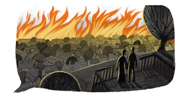 说明由乔纳森Muroya描绘两人手牵着手在世界着火了