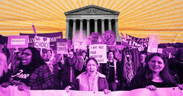 two-tone photo collage of protestors with the Supreme Court behind them in the distance