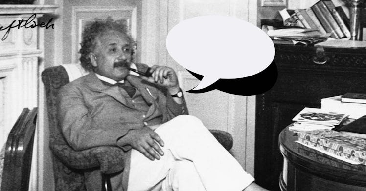 black-and-white photo of Einstein in his office smoking a pipe, next to an empty speech bubble repre...