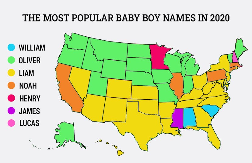 A map of the US, color-coded to reflect the most popular baby boy names of 2020 each state