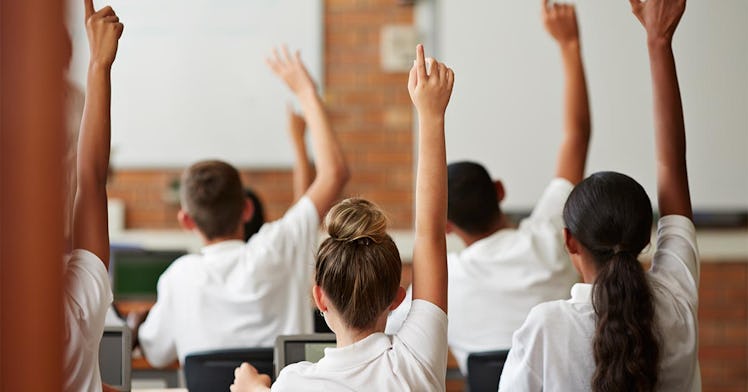 students raise their hands in class
