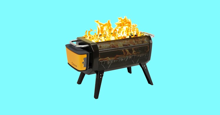 a smart BioLite stove for camping or the backyard, against an aqua-blue background