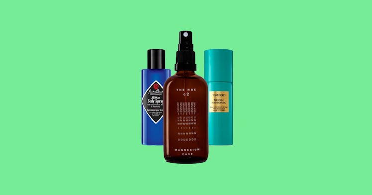 Body sprays for men, against a green background