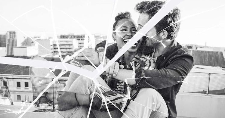 A torn photograph of a smiling couple hugging in black and white symbolizing the end of monogamy as ...