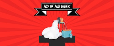 The FAOMO Foam Machine under Fatherly's Toy of the Week banner, against a red background