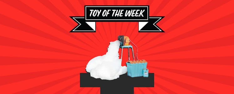 The FAOMO Foam Machine under Fatherly's Toy of the Week banner, against a red background