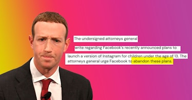 An image of Mark Zuckerberg on a pink background with text from a letter from attorneys general