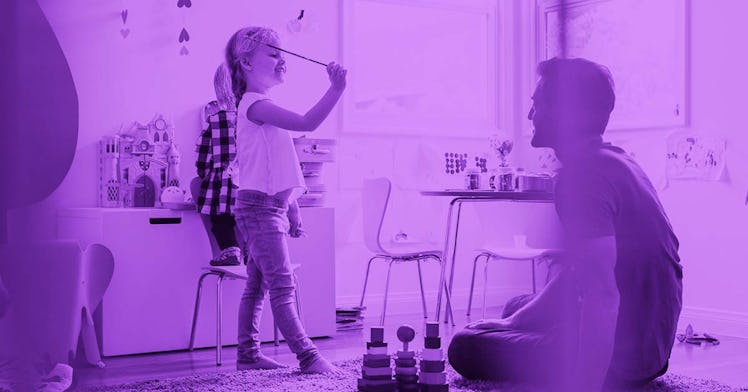 purple photo edit of a young girl with a magic wand demonstrating a magic trick for her dad