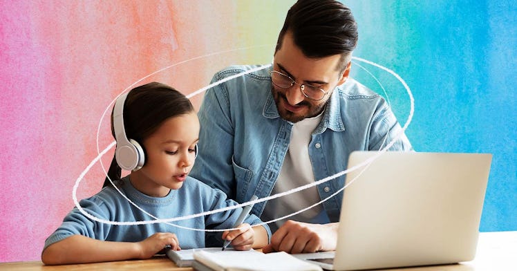 father and daughter at laptop creating a podcast together