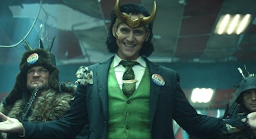 Loki wearing a Loki election button