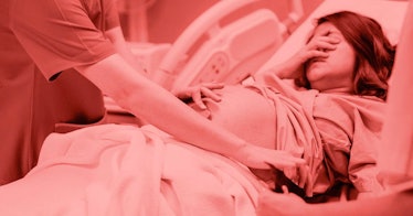 A pregnant woman in a hospital bed, covering her face.