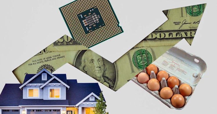 A house, a money chart, a computer chip, and eggs