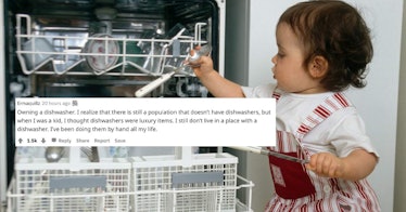 A kid puts dishes in a dishwasher