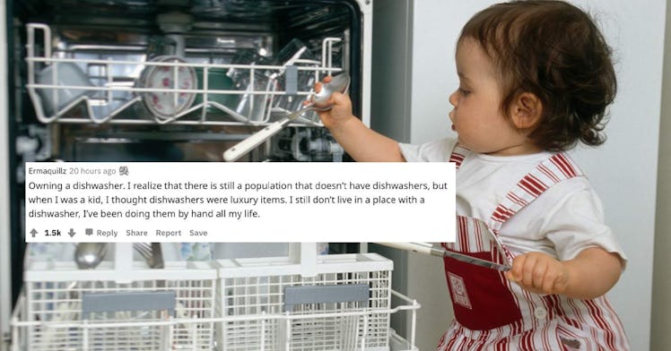 A kid puts dishes in a dishwasher