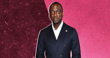 Dr. Yusef Salaam is set in front of a pink and purple background