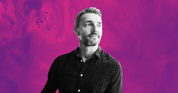 Full-profiled alpha-dad in black and white with a purple background
