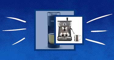 coffee maker prime day deal pictured against a blue background