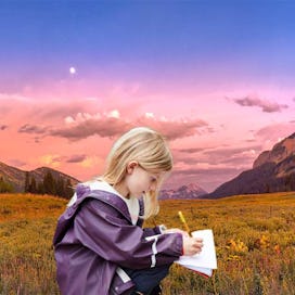 A collage of a girl writing something in her notebook and a field and hill background during a sunse...