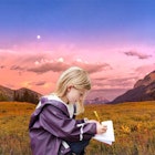 A collage of a girl writing something in her notebook and a field and hill background during a sunse...