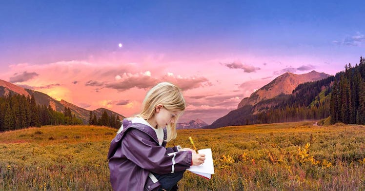 A collage of a girl writing something in her notebook and a field and hill background during a sunse...