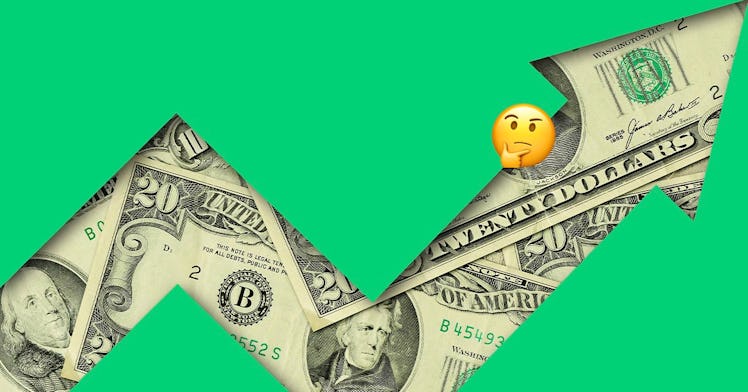 A chart made out of money, spiking, with a skeptical emoji on it on a green background