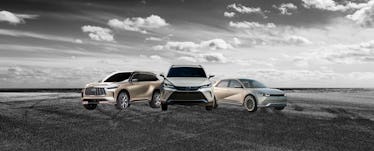 A collage of three family cars on an open road 