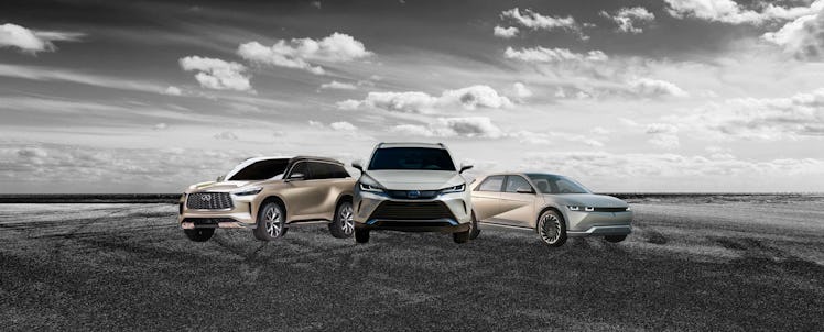 A collage of three family cars on an open road