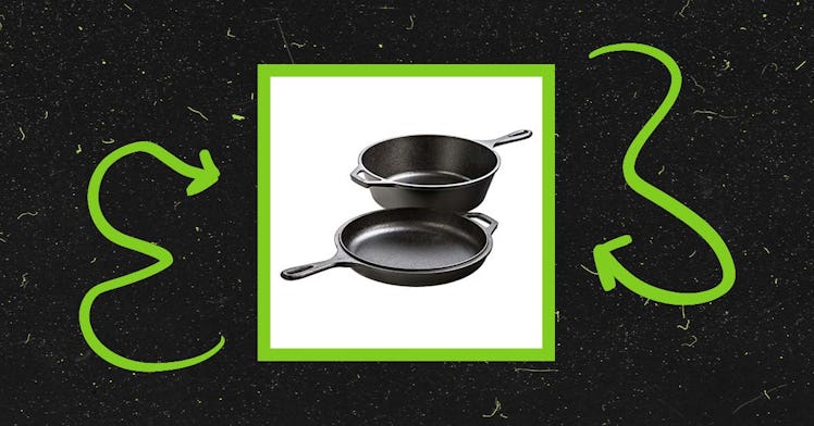 The Lodge 3 Quart Cast Iron Combo Cooker with a black and green frame