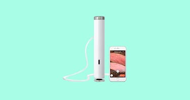 a sous vide machine against an aqua backdrop for amazon prime day 2021