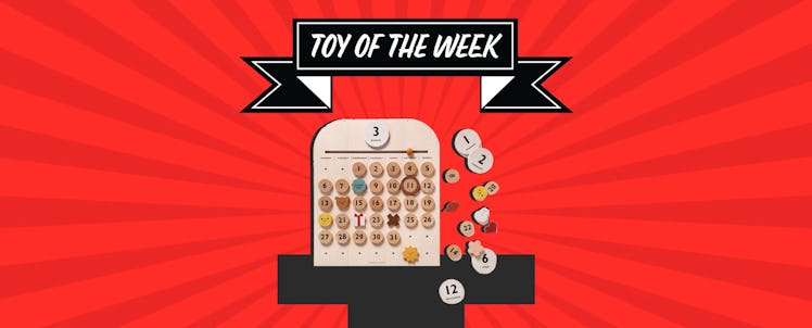 Moon Picnic's wooden interactive calendar for kids, set against a red background and beneath a ribbo...