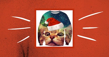 a sweatshirt featuring a space cat wearing a Santa hat, one of the weird and wonderful Amazon prime ...