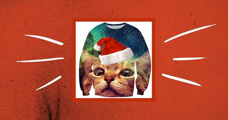 a sweatshirt featuring a space cat wearing a Santa hat, one of the weird and wonderful Amazon prime ...