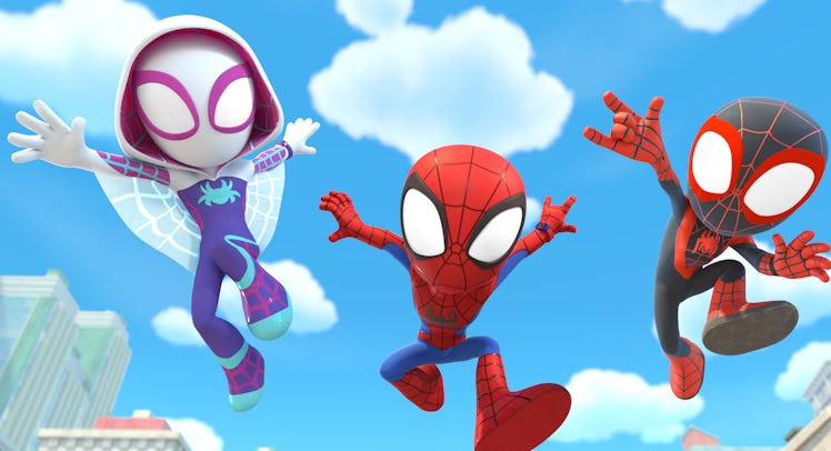 Spider Gwen, Miles Morales and Spider-man from the show Spider-Man and His Amazing Friends.