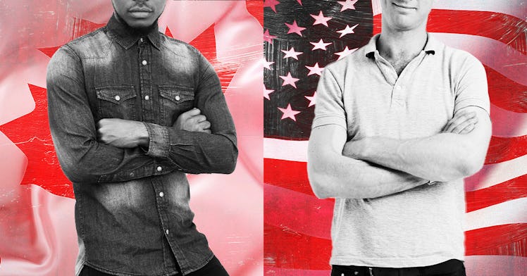 A two-piece collage of a Canadian and an American father with their counties' flags behind them