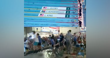 Lydia Jacoby wins gold in top half; family celebrates in bottom half of picture