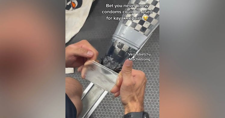 Jess Fox fixes a kayak hole by putting a condom on it