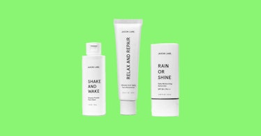 a skin care subscription kid for men, featuring three products, against a neon green background