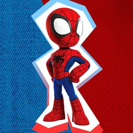 Spiderman from Marvel's Spidey and His Amazing Friends on a blue and red background