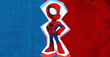 Spiderman from Marvel's Spidey and His Amazing Friends in front of a blue and red background