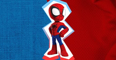 Spiderman from Marvel's Spidey and His Amazing Friends on a blue and red background