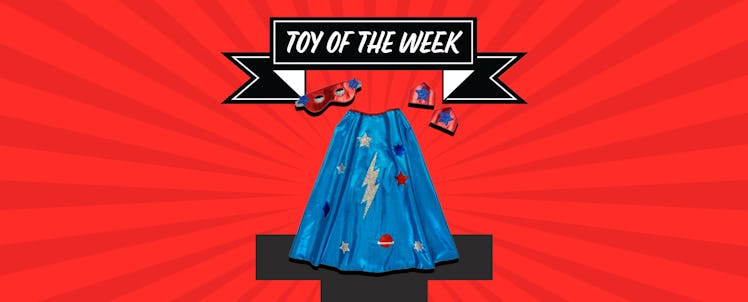fatherly's toy of the week, a superhero cape and mask costume for kids, in front of a red background