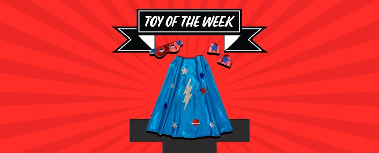 fatherly's toy of the week, a superhero cape and mask costume for kids, in front of a red background
