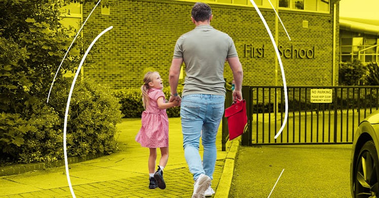 A father dropping his daughter off at school for the first time