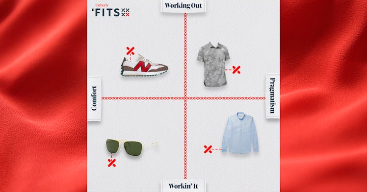 A Fatherly Fits poster with clothes that fit into four categories: working out, comfort, working' it...