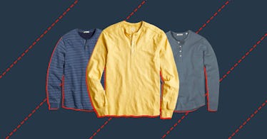 3 long sleeve henley shirt for men featured on a blue back drop