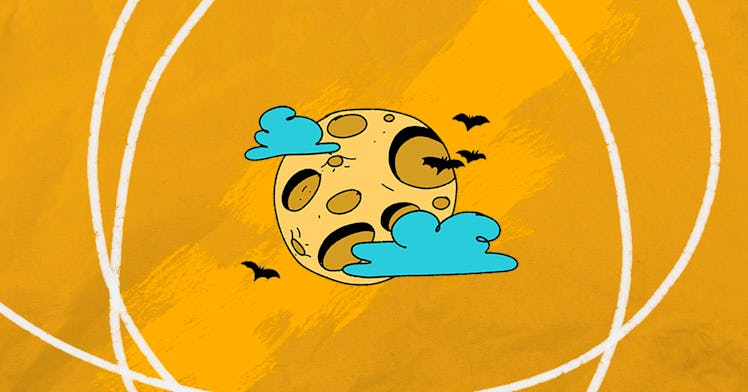 a drawing of a halloween themed moon illustrated against a yellow back drop