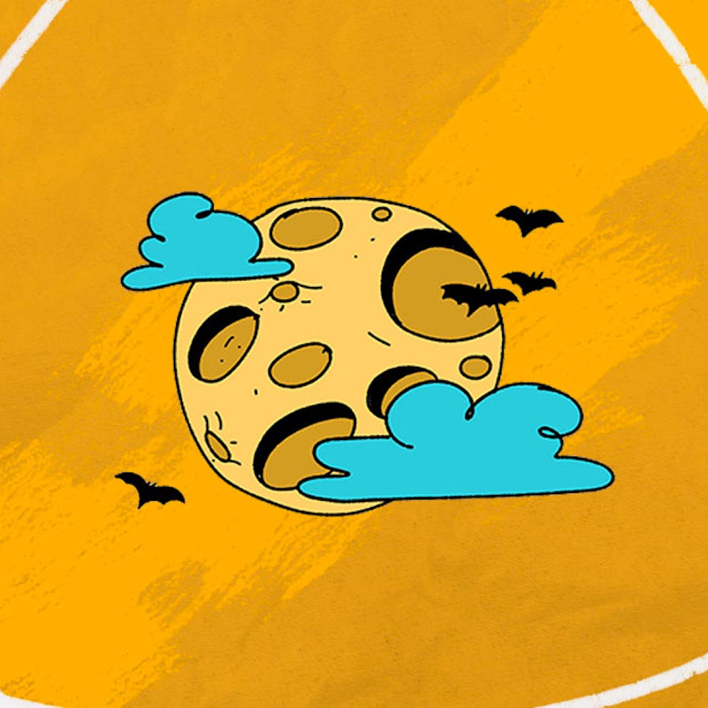 a drawing of a halloween themed moon illustrated against a yellow back drop
